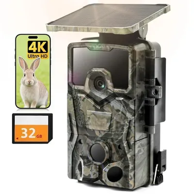 Image de Caméra de chasse solaire 4K IP66 étanche avec vision nocturne, détecteur de mouvement, caméra de surveillance des animaux, carte mémoire de 32 Go incluse, sans Wi-Fi