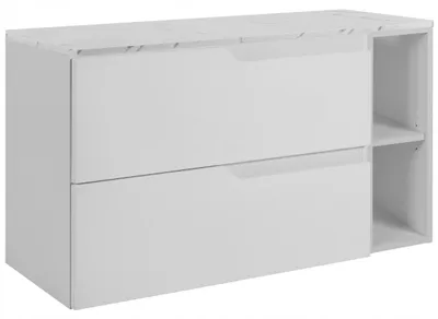 Produktbild von RODAN | Waschbeckenunterschrank Weiß 100 cm - Tischplatte in Weißmarmoroptik - 2 Schubladen - Hängend - Eingebautes weißes Regal - MODERN