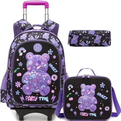 Produktbild von Schulranzen Trolley Mädchen mit Rollen & Zubehör – Lila Kleiner Bär – 3-in-1 Set für Grundschule