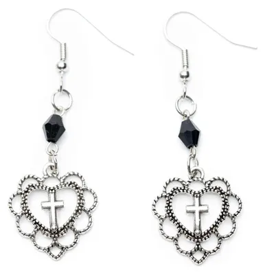 Produktbild von Herz mit Kreuz Ohrringe Miniblings Hänger Kreuze schwarze Perle Gothic silber