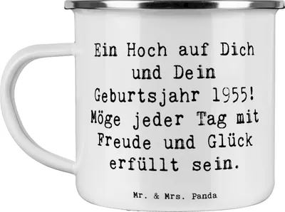 Produktbild von Mr. & Mrs. Panda becher emaille Spruch 1955 Geburtstag - Weiß - Geschenk, Alter, Geburtsjahr, Erinnerungen, besondere Botschaft, Teetasse, Happy Birthday, Tasse, Pott