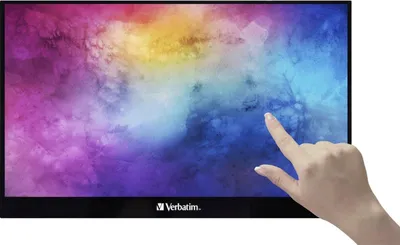 A hand is touching a Verbatim portable touchscreen monitor.