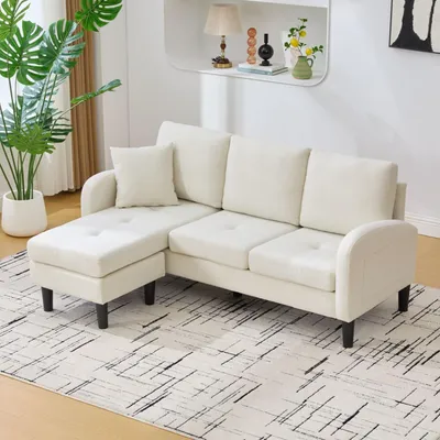 Produktbild von Merax L-Form Ecksofa mit Chaiselongue, 3-Sitzer Sofa mit Samt-Cord und Massivholzrahmen, modulares Wohnzimmersofa mit Kunststoffbeine, Weiß