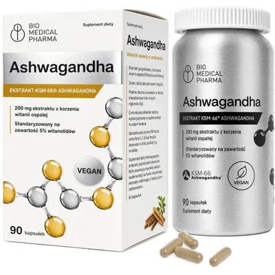 Zdjęcie produktu dla Wysoko skoncentrowane kapsułki Ashwagandha KSM-66 - 600 mg dziennej dawki, 5% ekstraktu witanolidów (15:1) - wegańskie, bez alergenów, bez dodatków (90 kapsułek)