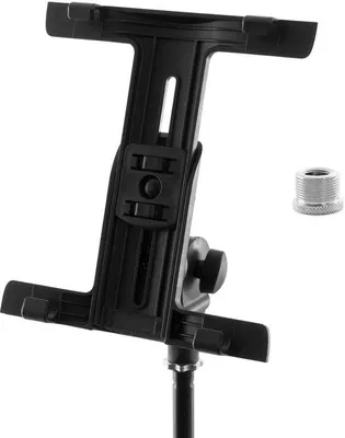Produktbild von Ibenzoa® Tablet‑Halterung für Notenständer, verstellbar mit Schraubklemme und 3/8"-auf-5/8" Gewindeadapter, 180° kippbar, für 17,8–25,7 cm, schwarz
