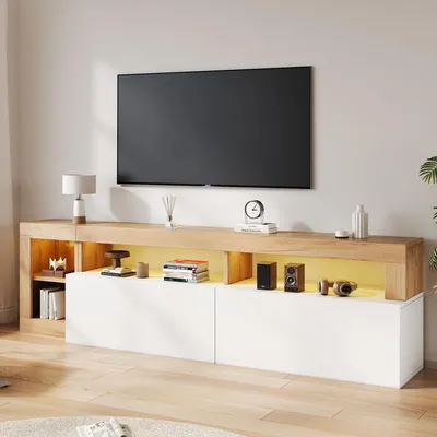 Image de OKWISH Meuble TV avec Éclairage LED et 2 Tiroirs - Meuble de Salon 184 cm pour Téléviseur ≤80 Pouces, Blanc et Bois, MDF