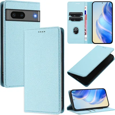 Produktbild von Litchi Leder Handyhülle für Google Pixel 7 Wallet Kartenfächer Standfunktion Hülle Hellblau