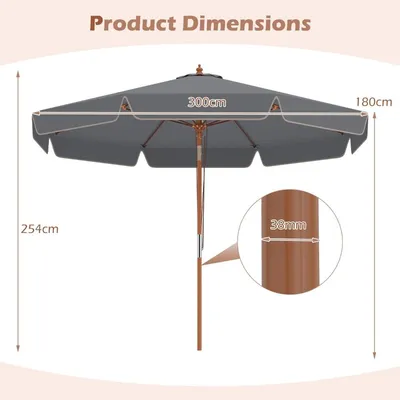 Immagine prodotto di Ombrellone da giardino grigio da 300 cm con inclinazione e palo in legno
