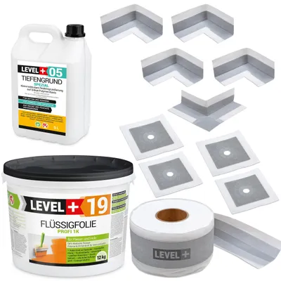 Obrázok produktu pre Hydroizolačná súprava Tekutá fólia 12 kg Páska 15mb Základný náter 5 l Manžety Rohy Kúpeľňa LEVEL+ SET520
