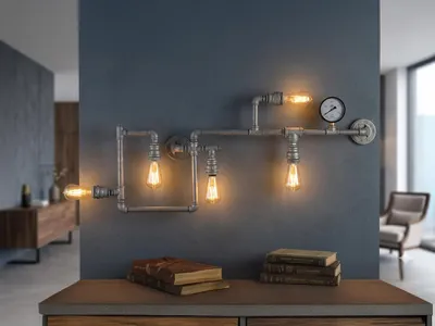 Produktbild von LED Innen Wandleuchte Industrial Wasserrohr Lampe 5-flammig, Grau, Treppenhaus