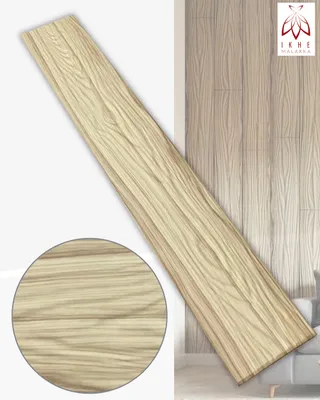 A single wood-look panel is shown diagonally against a background of similar panels. A close-up of the wood grain is in a circle at the bottom left.