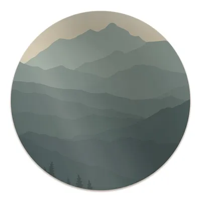 A circular mat with a stylized mountain landscape in shades of green and gray, with a hint of beige sky at the top.