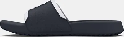 A side view of a dark blue slide sandal with a white trim.