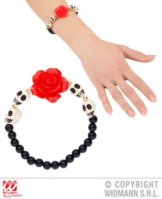 Image de Day of the Dead Bracelet "Tête de mort et rose" | Noir Rouge