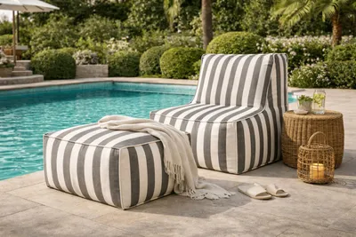 Obrázek produktu pro Zahradní nábytek Patio, křeslo 70 x 85 x 70 cm a sedací vaky 70 x 70 x 35 cm, balkonový nábytek, zahradní nábytek, odolná a povětrnostně odolná látka Club, šedá a bílá