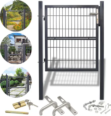 A collage of images showing a garden gate, its components, and examples of its use in different garden settings.