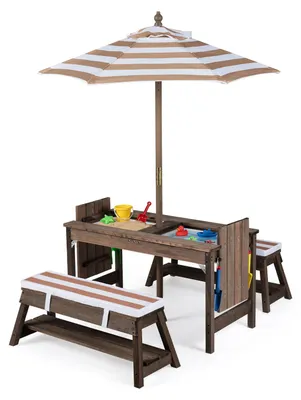 Productafbeelding van COSTWAY kinderspeelset met parasol, waterdriel, 2 bankjes, picknicktafel voor buiten, kindertafel inclusief 2 bakken, schepjes, harkjes en beschermhoes