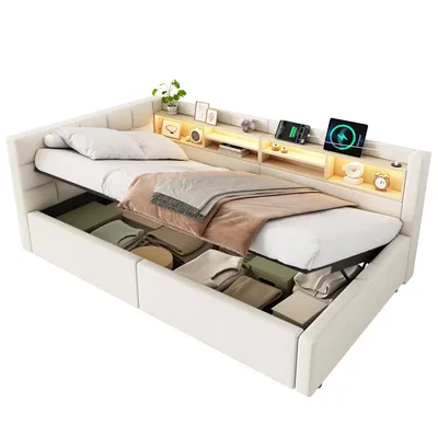 Produktbild von Polsterbett mit LED-Streifen, Lattenrost, Regal, Aufbewahrung, Type-C und USB, gepolsterter Kopfteil, 90x200 cm, Schlafsofa, Tagesbett, Leinen