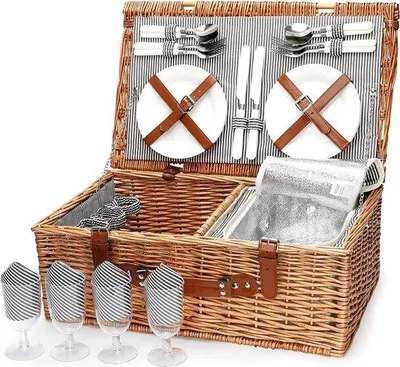 Produktbild von Famanu Picknickkorb für 4 Personen - Handgefertigter Rattan Korb mit isoliertem Fach