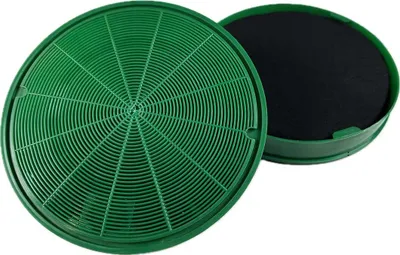 Two round charcoal filters for an air purifier or range hood, one in front and one slightly behind and to the side.