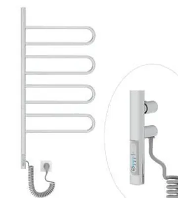 A white electric towel warmer with a coiled power cord and plug, shown next to a close-up view of its control unit.