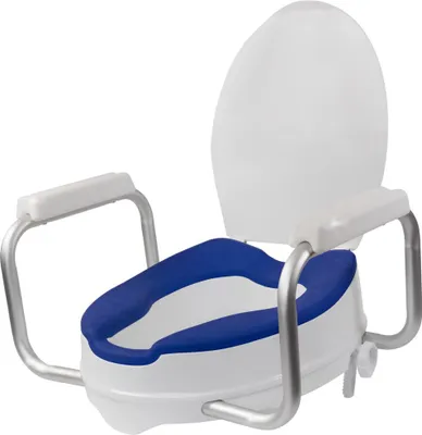 A white and blue toilet seat riser with silver armrests against a white background.