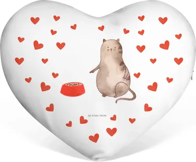 Produktbild von Mr. & Mrs. Panda Dekokissen Katze Fressen - Weiß - Geschenk, Liebeskissen, Herzkissen, dekoartikel, Kuschelkissen, Ich liebe dich Kissen