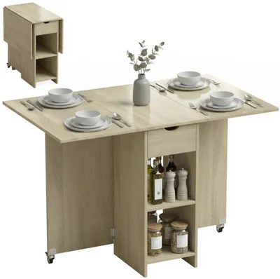 Produktbild von Klappbarer Esstisch für 2-4 Personen, Küchentisch Rollbarer Tisch mit offenem Fach und Schublade Esszimmer