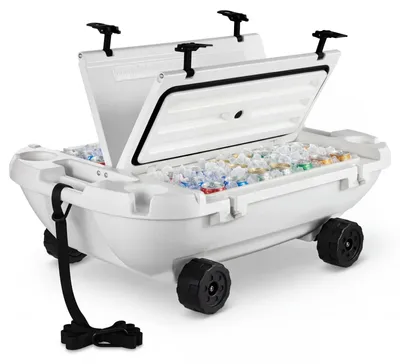 Produktbild von Amphibische Kühlbox - Schwimmender Getränkekühler - Fassungsvermögen 37,9 L - Mit Trockenfach - Räder & Zugseil für Wasser und Land - Kippstabil - Robustes LLDPE - Weiß