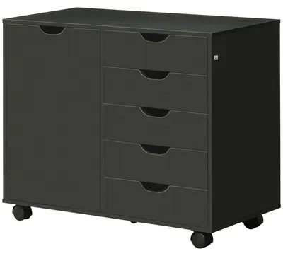 Produktbild von Bš¹roschrank mit 5 Schubladen, 1 Tš¹r, verstellbarem Einlegeboden und Druckerablage auf Rollen, 78 x 40 x 66,5 cm, schwarz