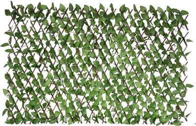 A close-up view of an expandable trellis covered in artificial green leaves, set against a white background.