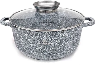 A speckled gray pot with a glass lid and silver handles, set against a white background.