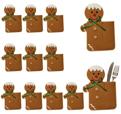 Produktbild von Set mit 12 weihnachtlichen Filz-Bestecktäschchen, 20 x 15 cm, mit Weihnachtsmann-, Rentier- und Schneemannmotiv – Stil A