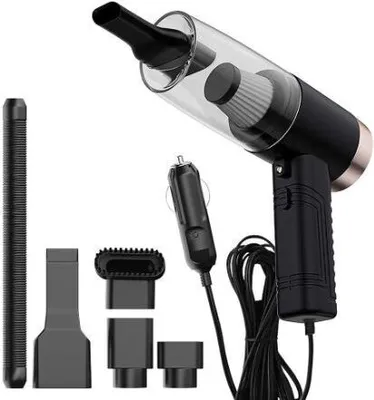 A black and gold portable mini vacuum cleaner with various attachments and a car charger.