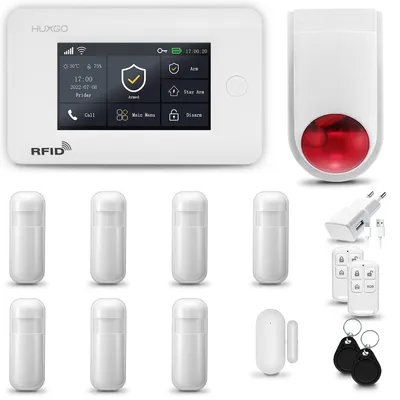 Immagine prodotto di HUXGO HXA006 Sistema di allarme per la casa, WiFi + GSM 4G, con sirena wireless. Sistema di allarme con 7 sensori di movimento, 1 sensore per porte e finestre. Sistema di allarme per appartamenti e case