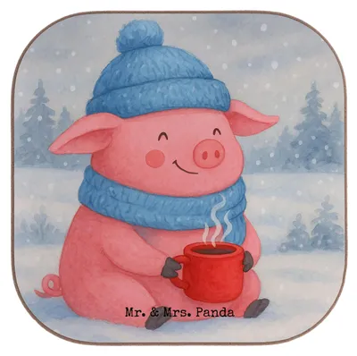Produktbild von Mr. & Mrs. Panda Holzuntersetzer Schweinchen Glühwein Design - Weiß - Geschenk, Betrunken, Untersetzer für Gläser, Weihnachtsmarkt, bieruntersetzer, gläseruntersetzer