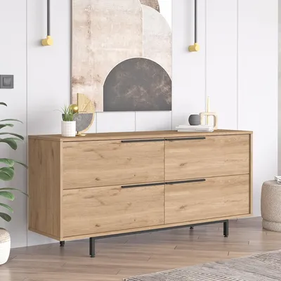 Image de Follo - Buffet, 160x45x74h cm Chêne Marron, 4 Compartiments