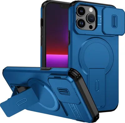 Immagine prodotto di Custodia magnetica per iPhone 13 Pro Max, custodia resistente a doppio strato con protezione della fotocamera scorrevole e supporto regolabile Blu