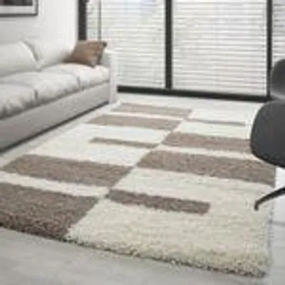 Produktbild von Moderner Hochflor-Teppich mit geometrischem Muster - weicher Wohnzimmerteppich im Design-Look, Größe: 80 x 150 cm, Farbe: Beige