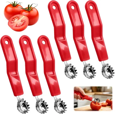 Produktbild von 6-teiliges Set: Tomaten- und Erdbeerentkerner aus Edelstahl mit gezahntem Stielentferner, 11,5 cm mit Aufhängeloch
