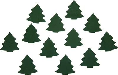 A collection of small, dark green, Christmas tree-shaped cutouts arranged on a white background.