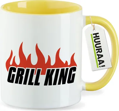 Produktbild von Huuraa Kaffeetasse Grill King Flammen 330ml Gelb Keramik Kaffeebecher Geschenkidee
