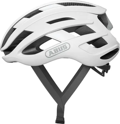 A white ABUS bicycle helmet is shown from a side-angle on a white background.