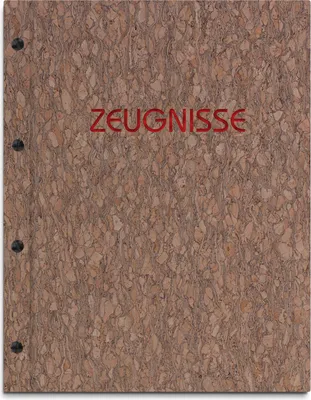 Produktbild von Zeugnismappe im gescheckten Korkeinband mit hochwertigem Prägedruck in rot – handgefertigte Mappe für Zeugnisse inkl. 12 Sichthüllen