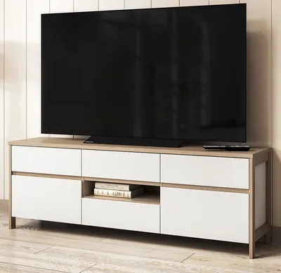 Produktbild von TV-Lowboard "Finnes" in weiß und Eiche TV Unterteil skandinavisch 164 cm, Soft-Close