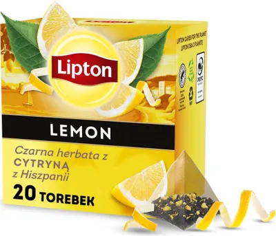 A product shot of Lipton Lemon tea packaging, with lemons and tea leaves.