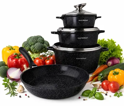 Produktbild von Masterpan 7-teiliges Topfset, Töpfe 16/20/24 cm, Pfanne 24 cm, induktionsgeeignet, für alle Herdarten, Antihaftbeschichtung MP2155