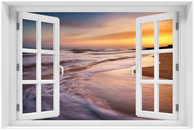 Produktbild von Wallario Premium Glasbild mit Fensterrahmen, freischwebende Optik, kräftige Farben, Größe 60 x 90 cm Motiv Sonnenuntergang am Strand - Abendspaziergang
