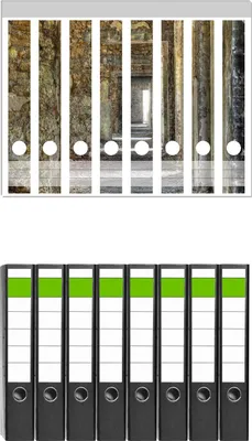 Produktbild von Wallario 8 Stück schmale Ordner inkl. Klebeetiketten mit Motive Weg durch eine verlassene Ruine -  Set mit Rückenschildern / Ordnerrücken Stickern