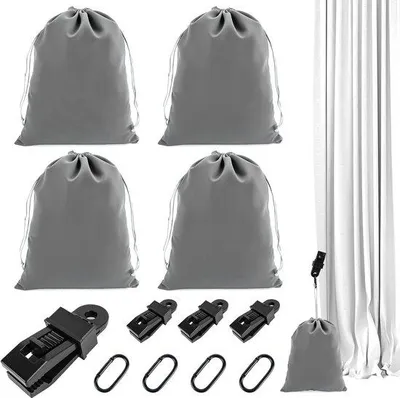 Image de Lot de 12 pièces pour fixer des rideaux d'extérieur, portable, comprenant 4 sacs de lestage, 4 mousquetons et 4 clips, pour rideaux de jardin, tentes et nappes